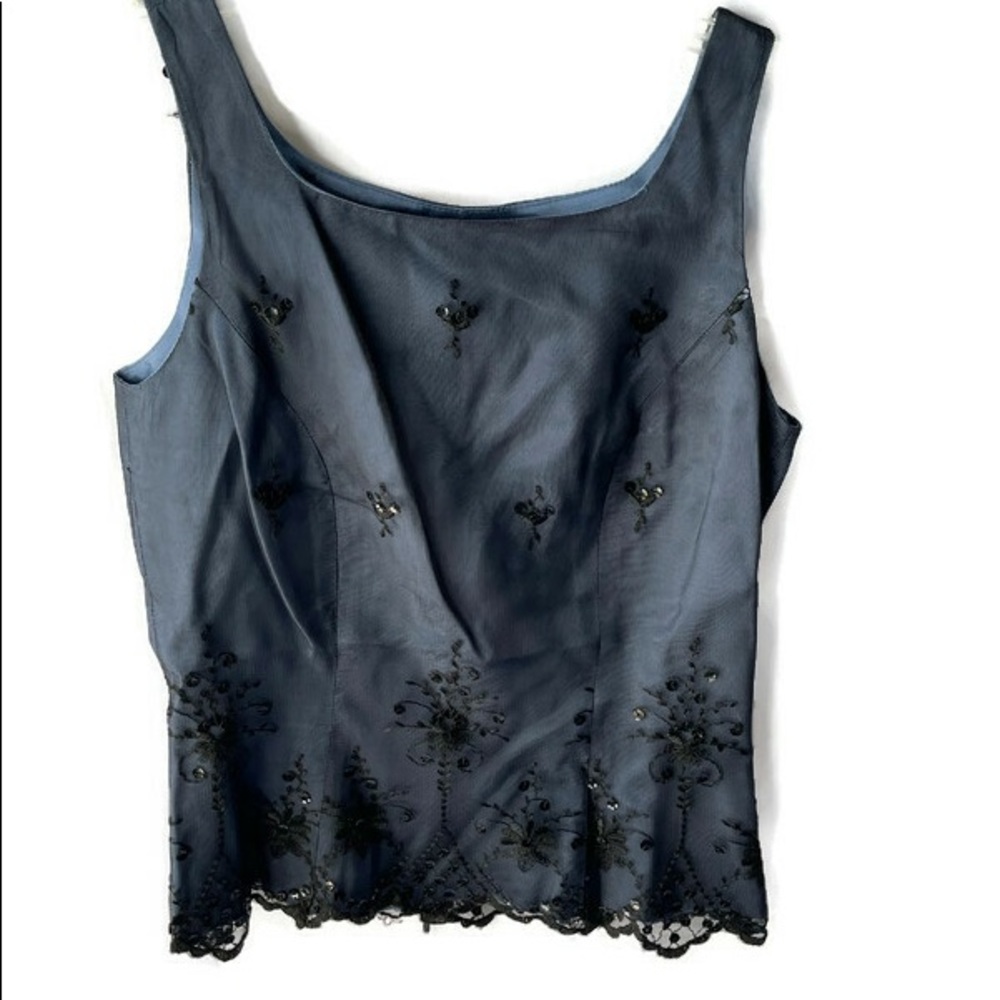 Geometrie Blue with black overlay sleevless top